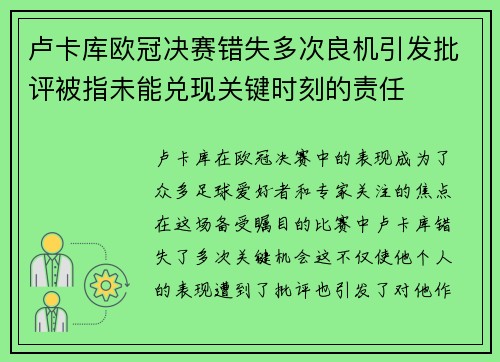卢卡库欧冠决赛错失多次良机引发批评被指未能兑现关键时刻的责任