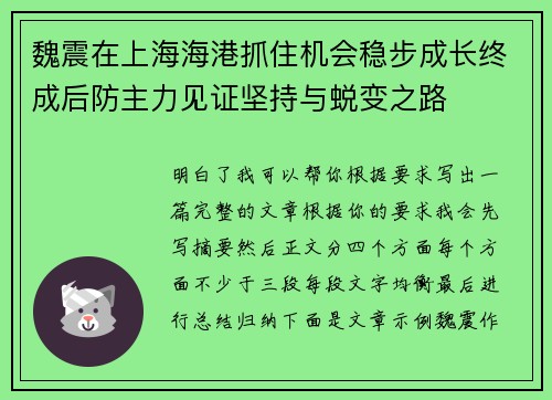 魏震在上海海港抓住机会稳步成长终成后防主力见证坚持与蜕变之路 魏震在上海海港抓住机会稳步成长终成后防主力见证坚持与蜕变之路
