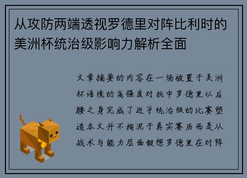 从攻防两端透视罗德里对阵比利时的美洲杯统治级影响力解析全面
