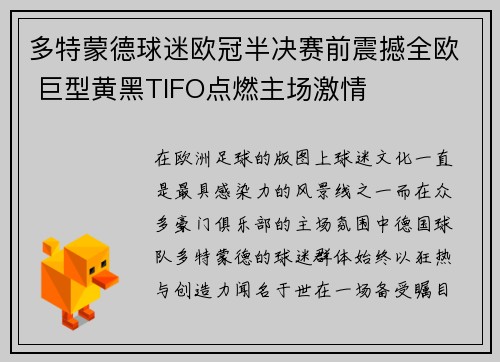 多特蒙德球迷欧冠半决赛前震撼全欧 巨型黄黑TIFO点燃主场激情 多特蒙德球迷欧冠半决赛前震撼全欧 巨型黄黑TIFO点燃主场激情
